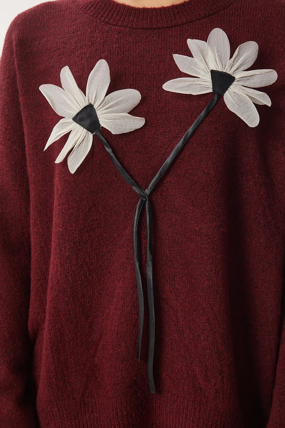 CLARET RED Floral Detailed Knit Sweater