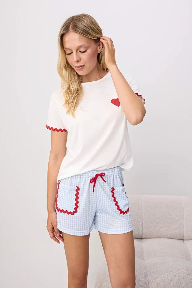 White & Blue Plaid Heart Ribbon Detail Knit Pajama Set