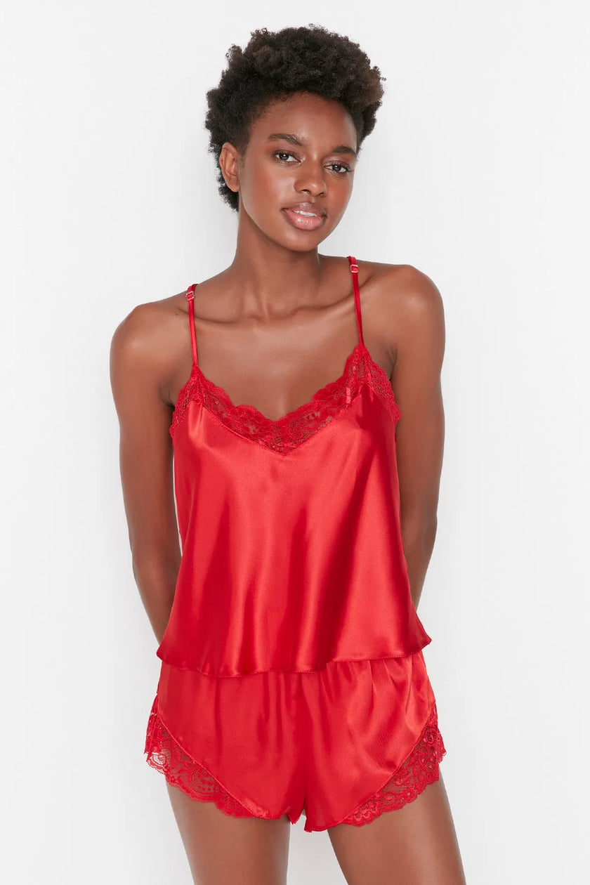 Red Lace Rope Strap Satin Shorts Woven Pajama Set