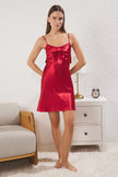 Burgundy Ribbon/Bow Detailed Rope Strap Satin Woven Nightgown