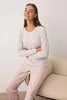 Beige-Pink Ribbed Top, Cotton Bottom, Striped Knit Pajama Set