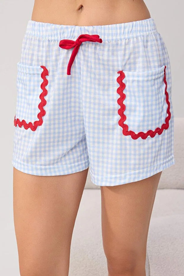 White & Blue Plaid Heart Ribbon Detail Knit Pajama Set