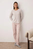 Beige-Pink Ribbed Top, Cotton Bottom, Striped Knit Pajama Set