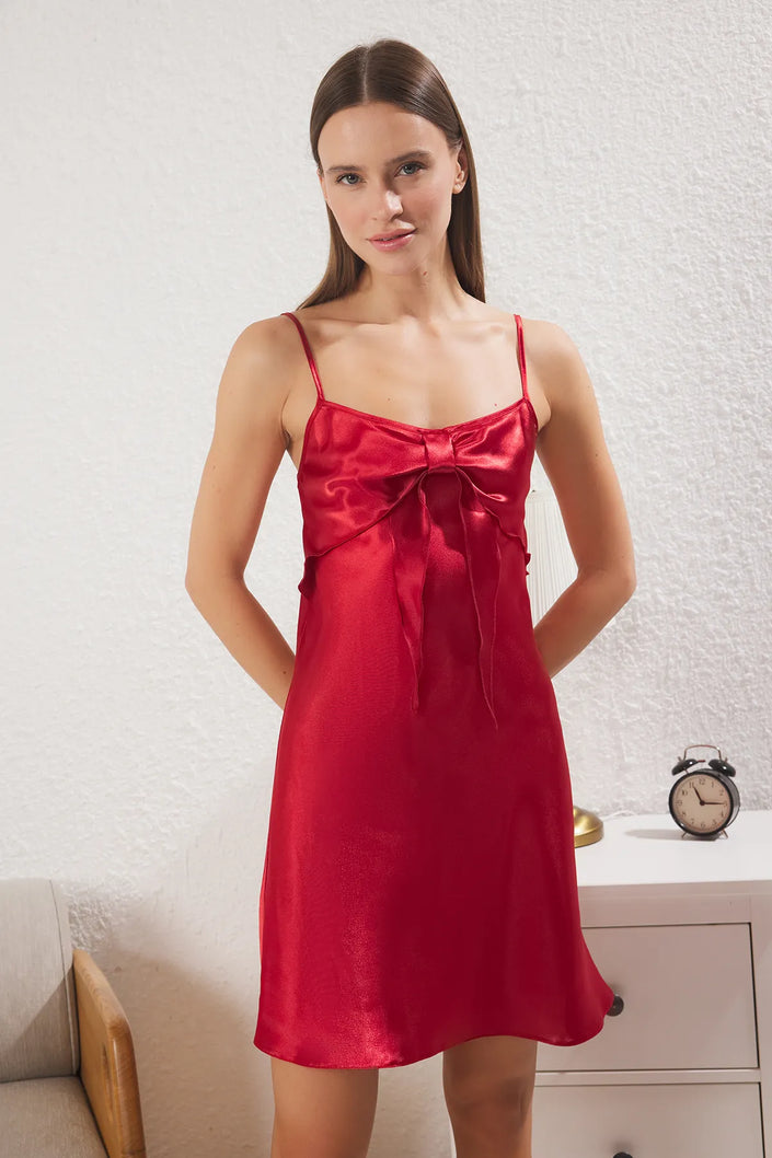 Burgundy Ribbon/Bow Detailed Rope Strap Satin Woven Nightgown