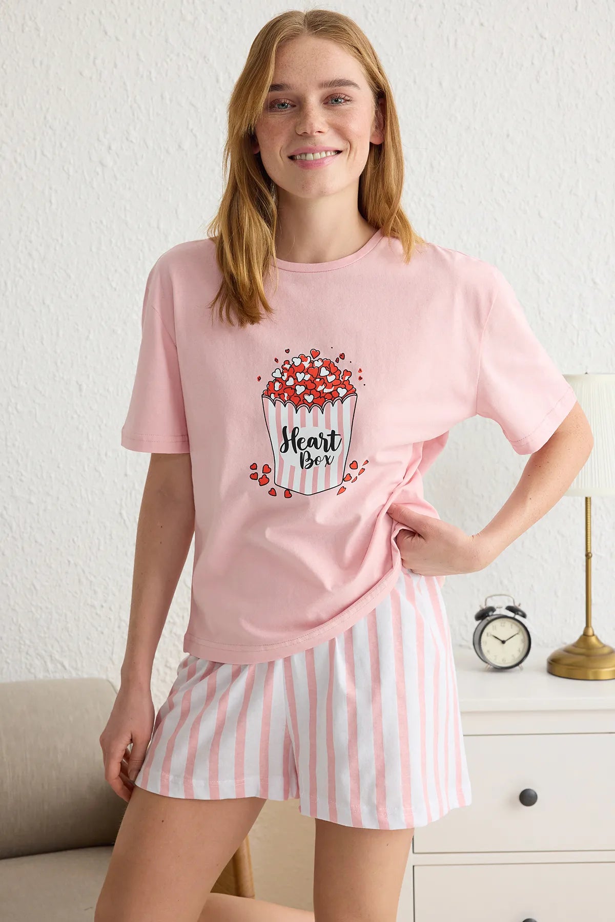 Pink 100% Cotton Heart Striped Knitted Pajama Set