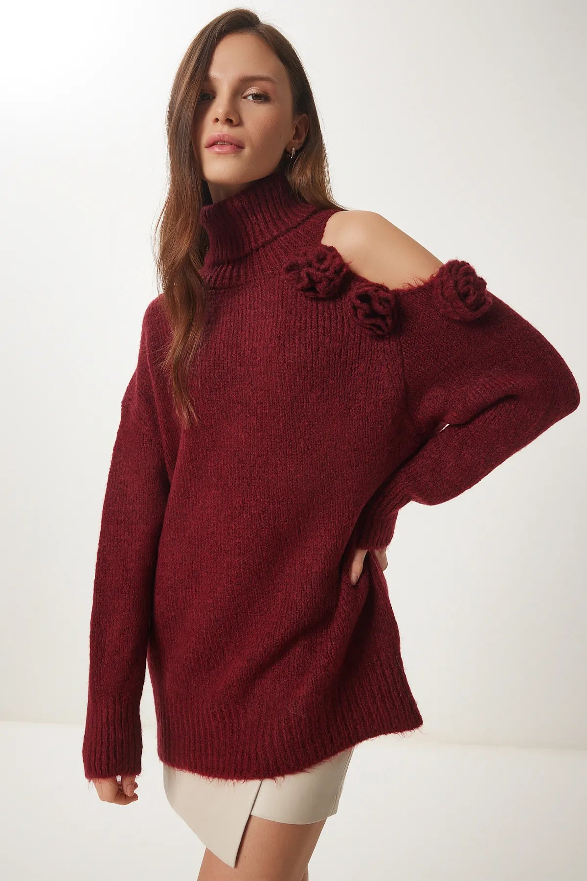 One Shoulder Floral Motif Knitted Sweater Dark red