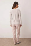 Beige-Pink Ribbed Top, Cotton Bottom, Striped Knit Pajama Set