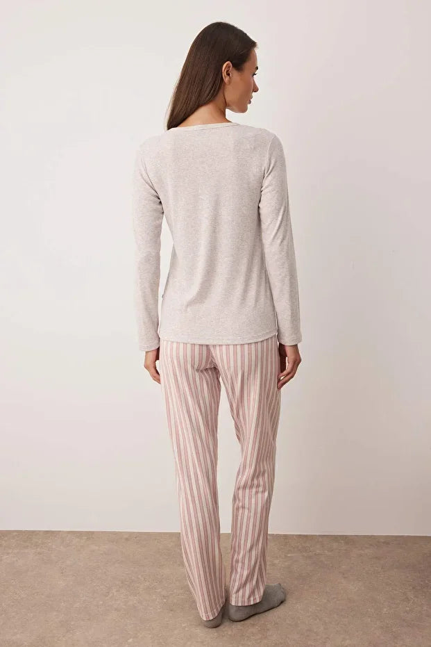 Beige-Pink Ribbed Top, Cotton Bottom, Striped Knit Pajama Set