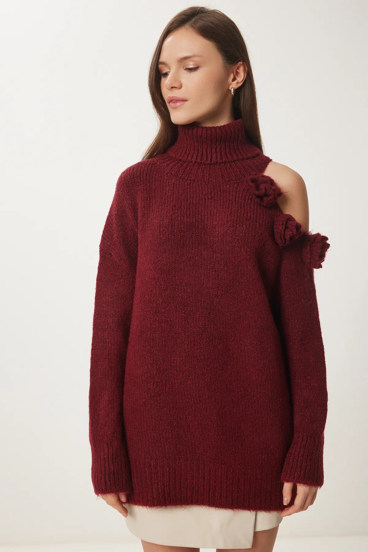 One Shoulder Floral Motif Knitted Sweater Dark red