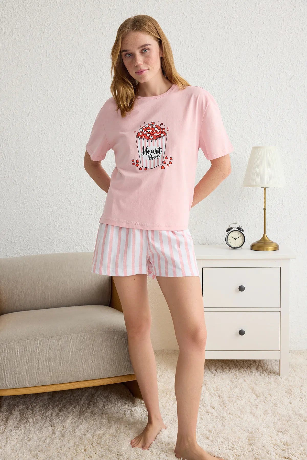 Pink 100% Cotton Heart Striped Knitted Pajama Set