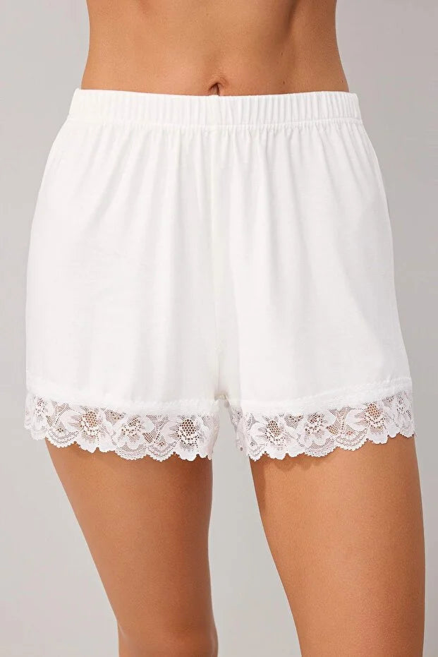 White Lace Detail Ribbed Viscose Knit Pajama Set