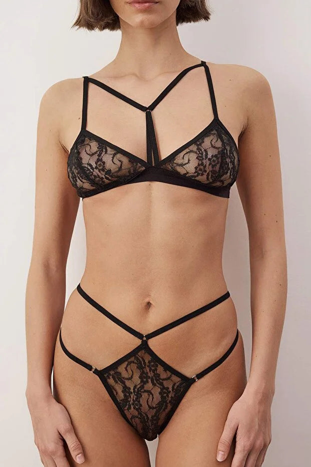 Black Tulle Unlined Knitted Lingerie Set