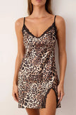 Black and Multicolored Leopard Satin Weave Nightgown