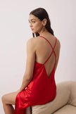 Red Satin-Woven Nightgown with Slit and Button Detail