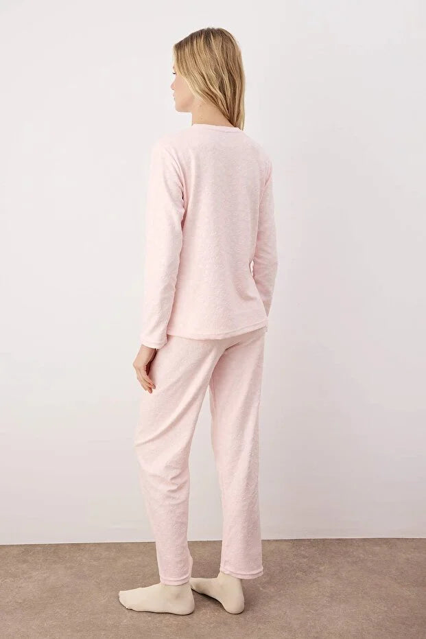Powder Heart Pattern Knitted Pajama Set with Ruffles and Pockets