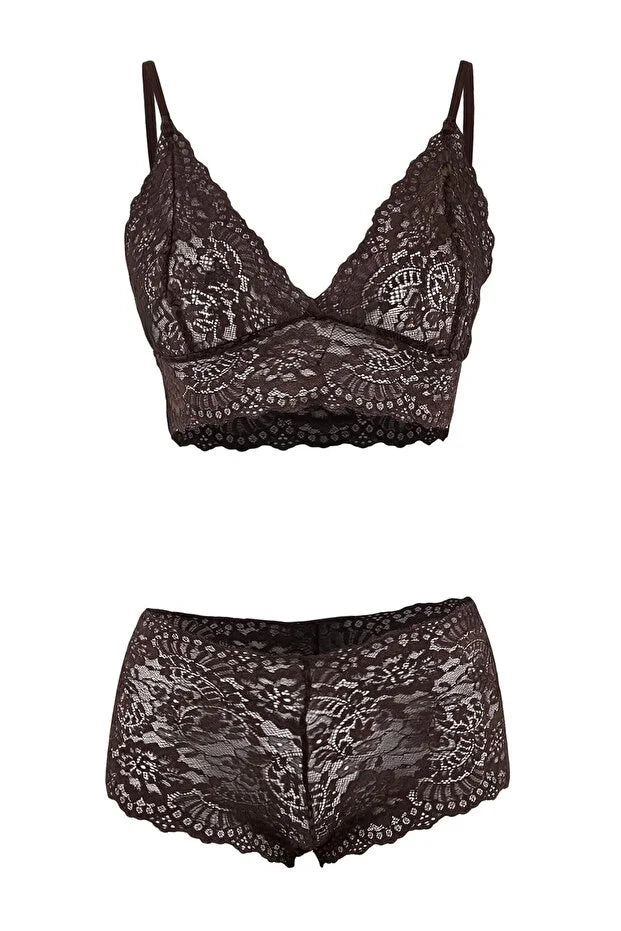 Brown 3-Piece Tulle Lace Detail Non-Padded Knitted Robe & Lingerie Set