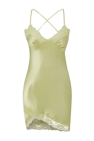 Yellow Lace and Slit Detail Spaghetti Strap Satin Woven Nightdress
