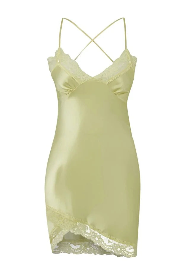 Yellow Lace and Slit Detail Spaghetti Strap Satin Woven Nightdress | Home Wear | Lingerie | Lebbse Yellow Lace and Slit Detail Spaghetti Strap Satin Woven Nightdress | Home Wear | Lingerie | Lebbse