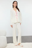 Ribbon/Bow and Piping Detailed Viscose Woven Pajama Set