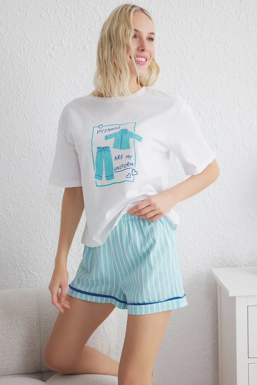 White-Blue Plain Jersey Knitted Pajama Set