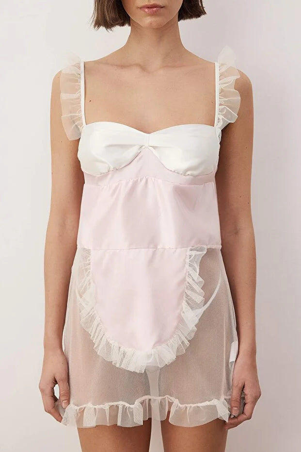 White and Pink Tulle Uncovered Babydoll/Fantasy Nightgown