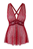Burgundy Polka Dot Tulle Lace Cross-Tie Detail Babydoll / Fantasy Nightdress
