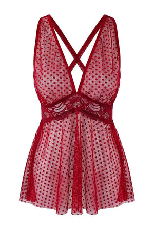 Burgundy Polka Dot Tulle Lace Cross-Tie Detail Babydoll / Fantasy Nightdress