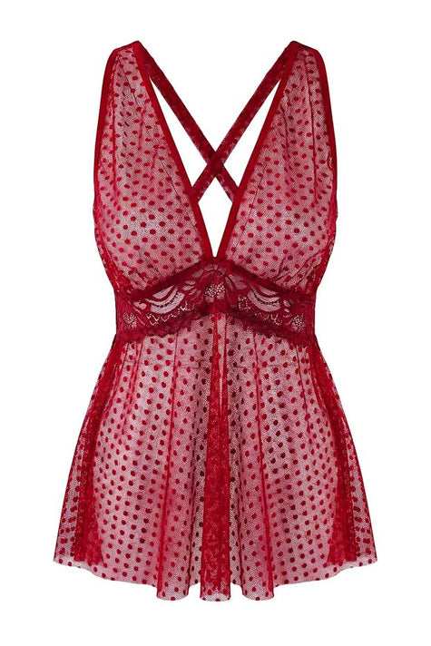 Burgundy Polka Dot Tulle Lace Cross-Tie Detail Babydoll / Fantasy Nightdress
