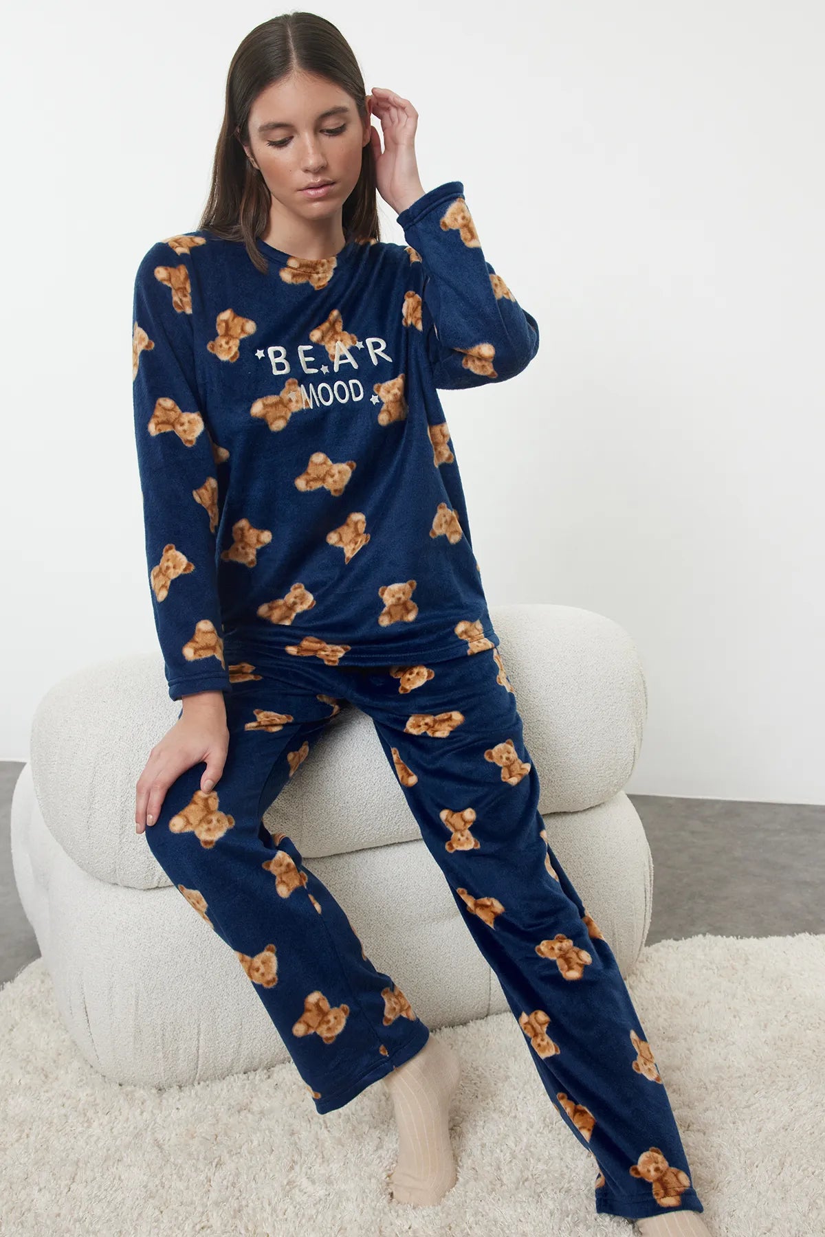 Navy Blue Teddy Bear and Slogan Embroidered Polar Winter Knitted Pajama Set