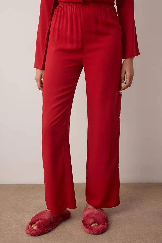 Burgundy Plain Shally Woven Pajama Set