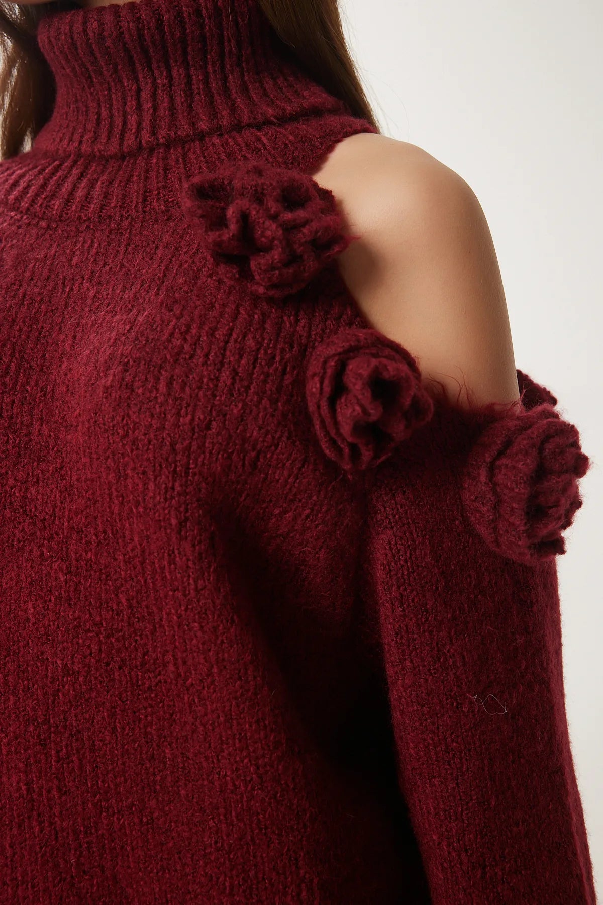 One Shoulder Floral Motif Knitted Sweater Dark red