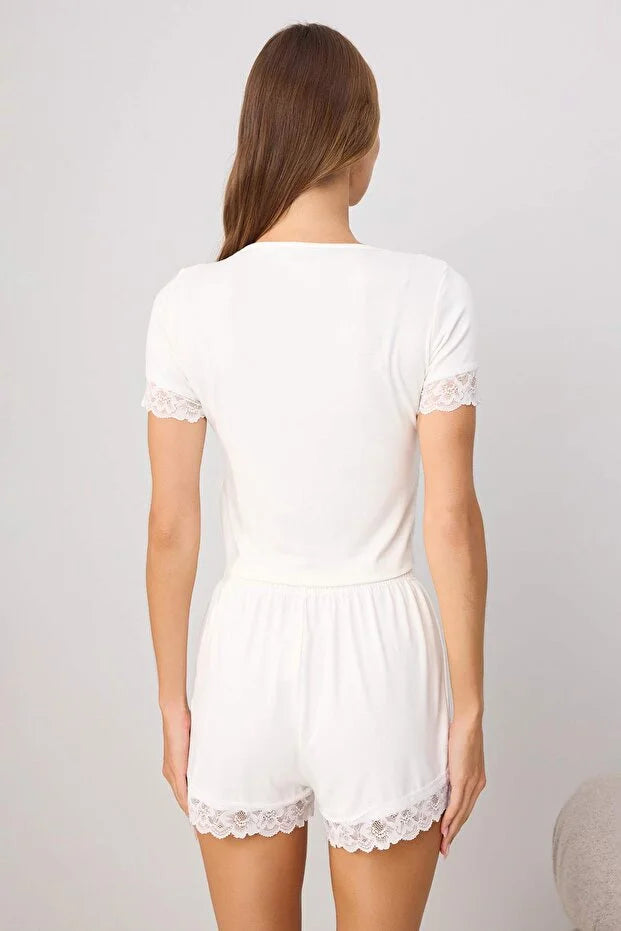 White Lace Detail Ribbed Viscose Knit Pajama Set