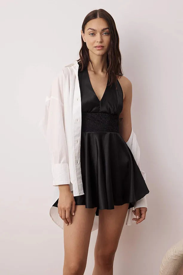 Black Satin-Woven Nightgown with Lace and Back Ribbon/Bow/Tie Detail | Nightgowns | Home Wear | Lingerie Black Satin-Woven Nightgown with Lace and Back Ribbon/Bow/Tie Detail | Nightgowns | Home Wear | Lingerie