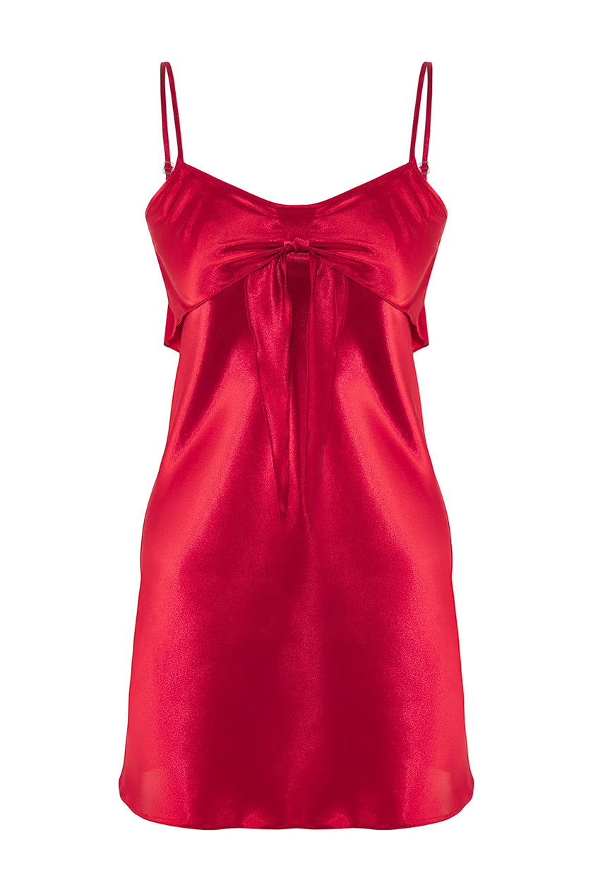 Burgundy Ribbon/Bow Detailed Rope Strap Satin Woven Nightgown