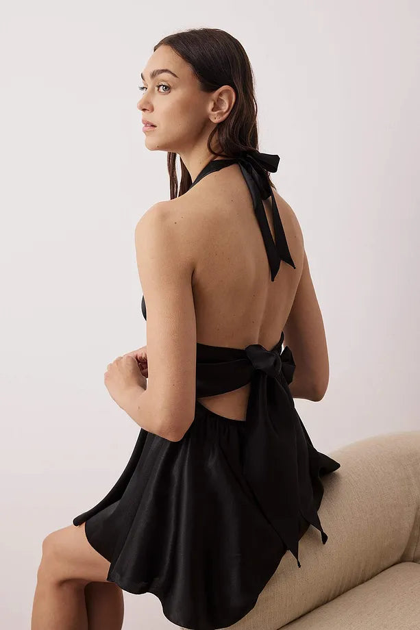 Black Satin-Woven Nightgown with Lace and Back Ribbon/Bow/Tie Detail | Nightgowns | Home Wear | Lingerie Black Satin-Woven Nightgown with Lace and Back Ribbon/Bow/Tie Detail | Nightgowns | Home Wear | Lingerie