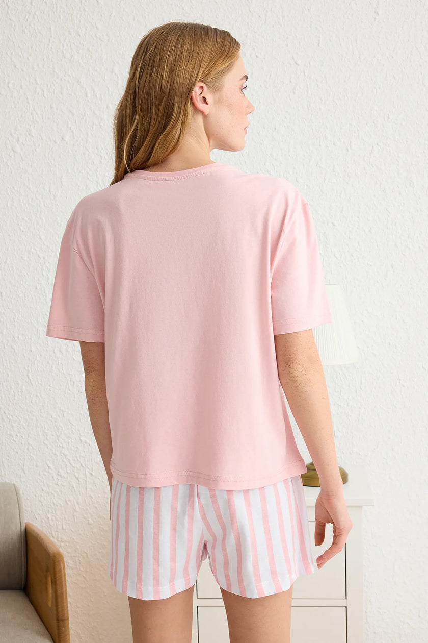 Pink 100% Cotton Heart Striped Knitted Pajama Set
