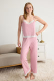 Pink Lace and Ribbon/Bow Detailed Rope Suspender Knitted Pajama Set