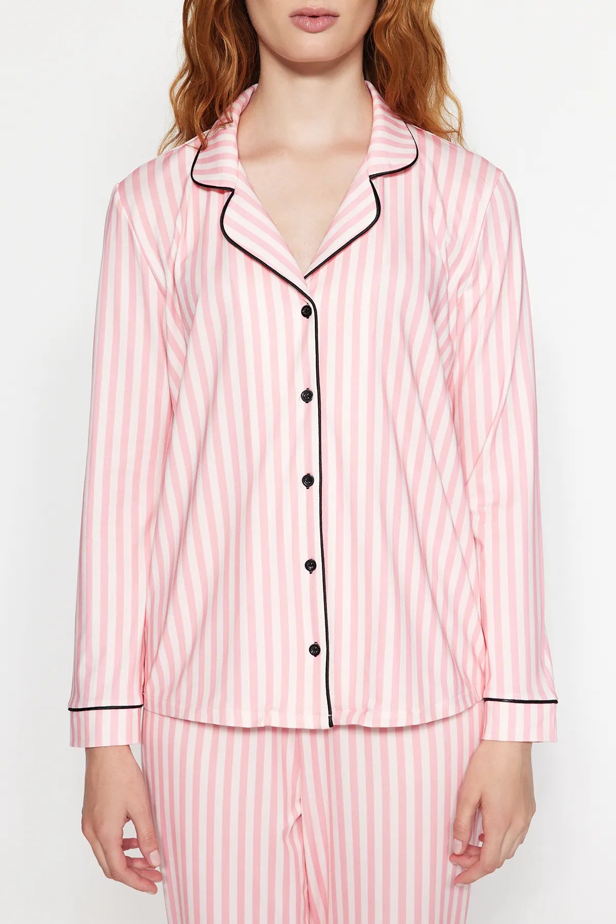 Pink Striped Patterned Polar Fleece Inside Shirt-Pants Knitted Pajama Set