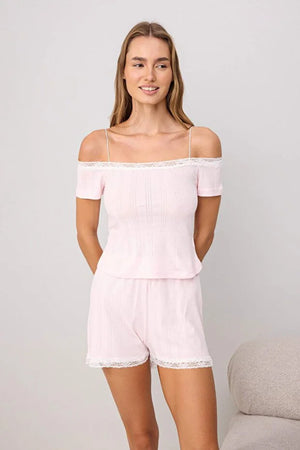 Pink 100% Cotton Lace Detail Ribbed/Pointelle Knit Pajama Set