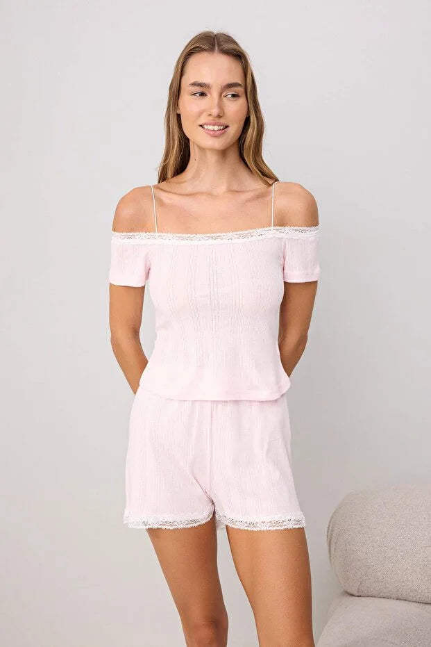 Pink 100% Cotton Lace Detail Ribbed/Pointelle Knit Pajama Set