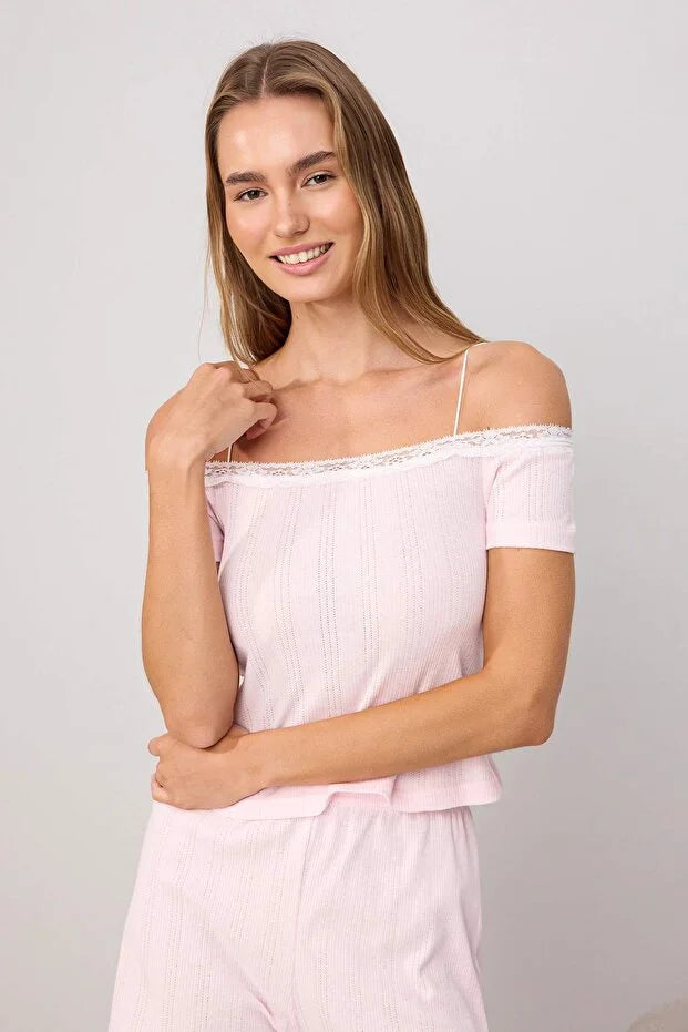 Pink 100% Cotton Lace Detail Ribbed/Pointelle Knit Pajama Set