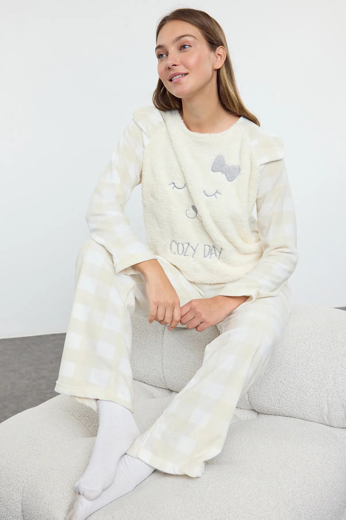 Plaid Embroidered Wellsoft Winter Knitted Pajama Set