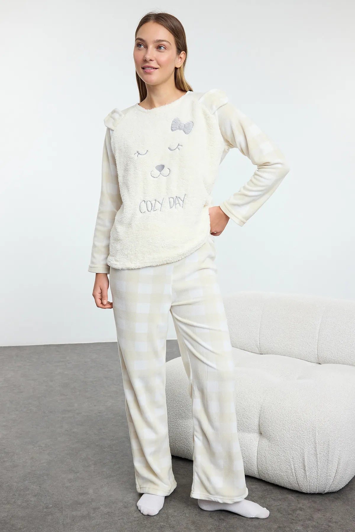 Plaid Embroidered Wellsoft Winter Knitted Pajama Set