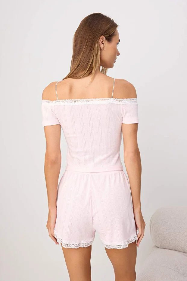 Pink 100% Cotton Lace Detail Ribbed/Pointelle Knit Pajama Set