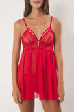 Red Lace Tulle Detail and Rope Suspender Coverless Pantyhose Knitted Babydoll