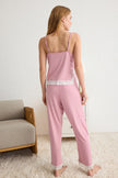Pink Lace and Ribbon/Bow Detailed Rope Suspender Knitted Pajama Set