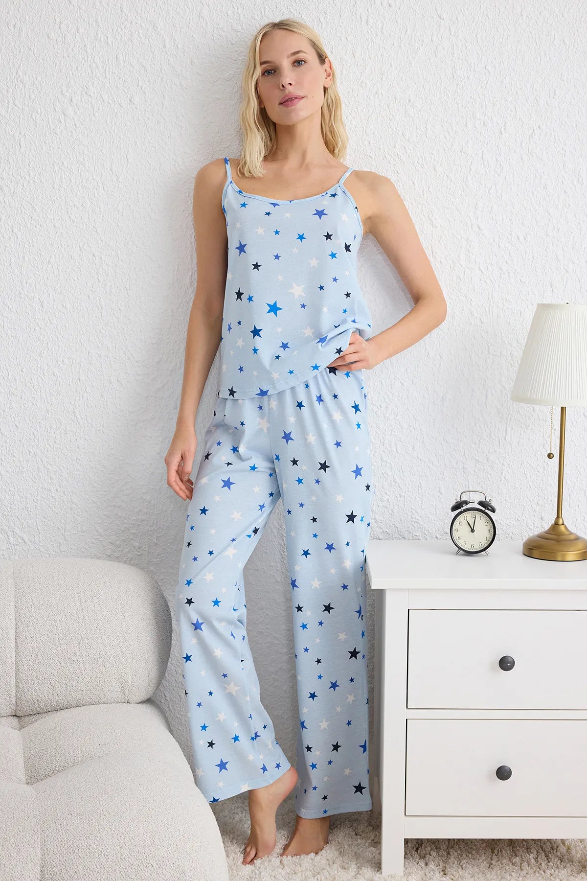 Blue Star Patterned Rope Suspender Knitted Pajama Set