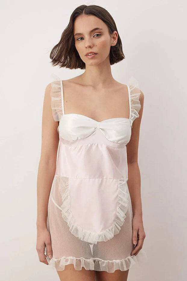 White and Pink Tulle Uncovered Babydoll/Fantasy Nightgown