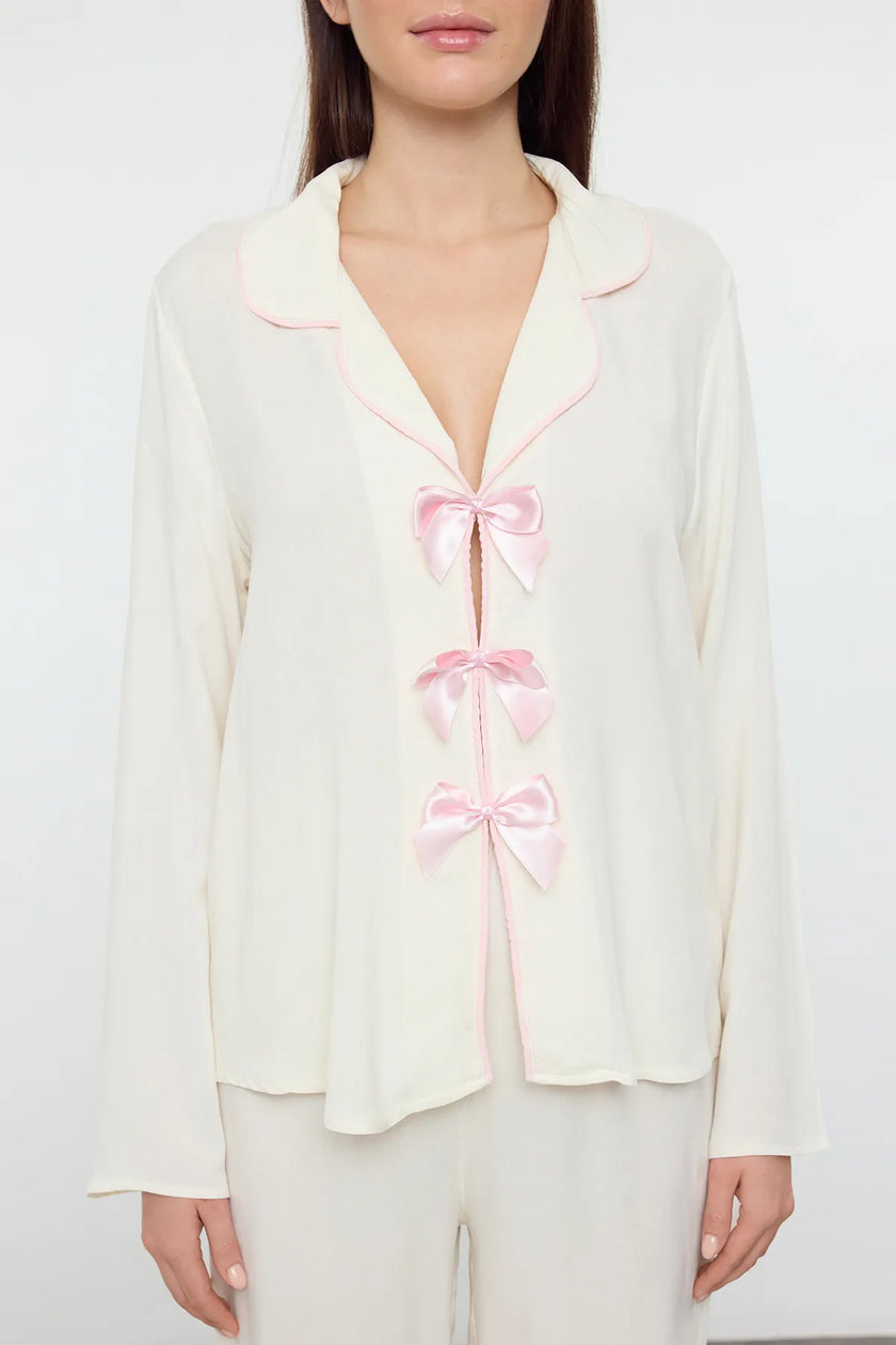 Ribbon/Bow and Piping Detailed Viscose Woven Pajama Set