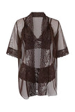 Brown 3-Piece Tulle Lace Detail Non-Padded Knitted Robe & Lingerie Set